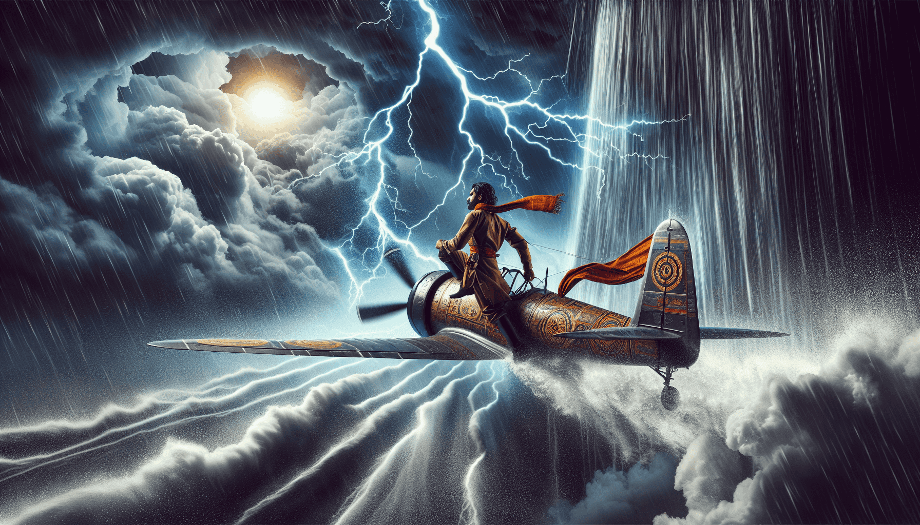 Aviator flying through a stormy sky