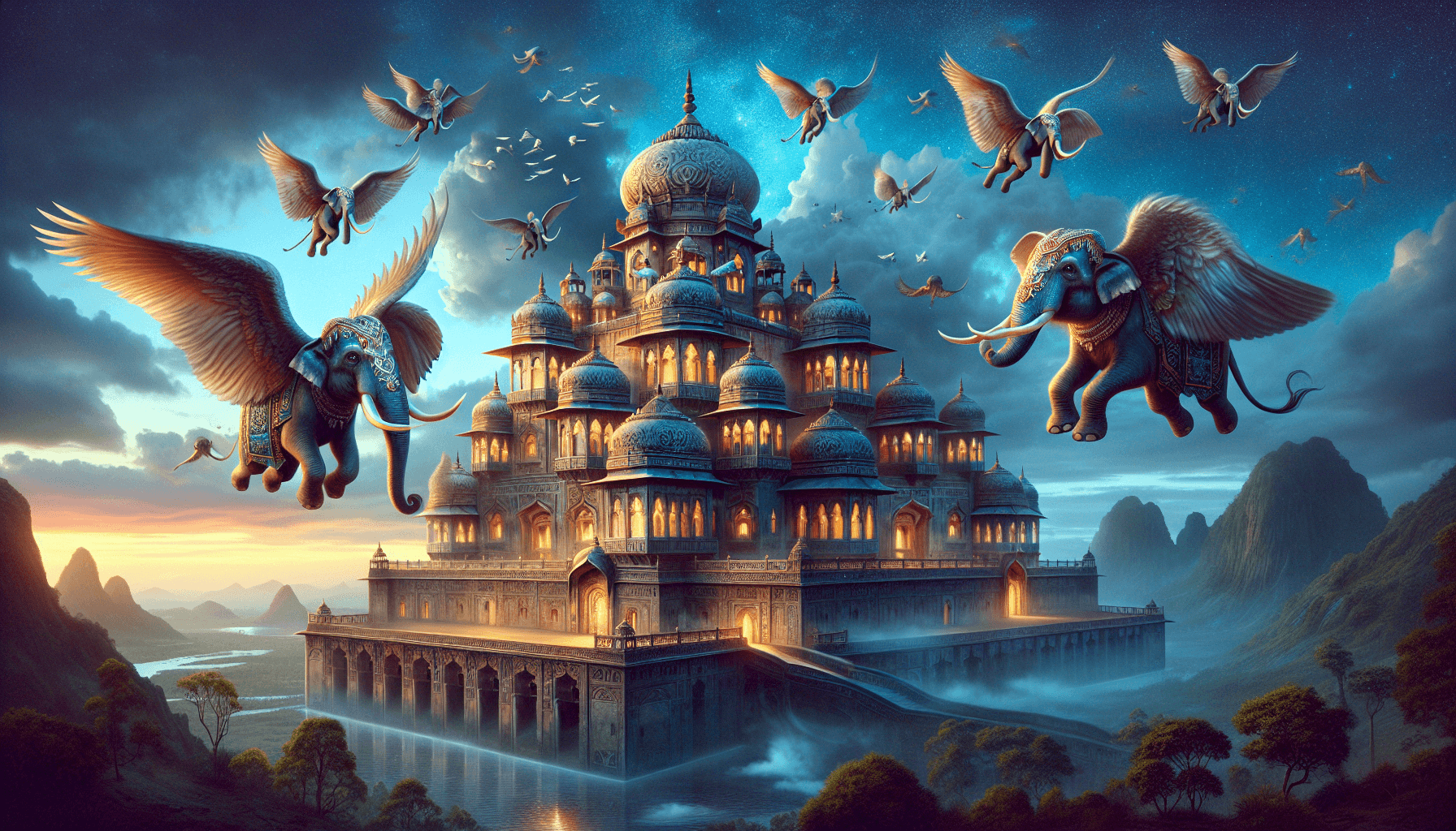 Ancient Indian palace and mythical creatures